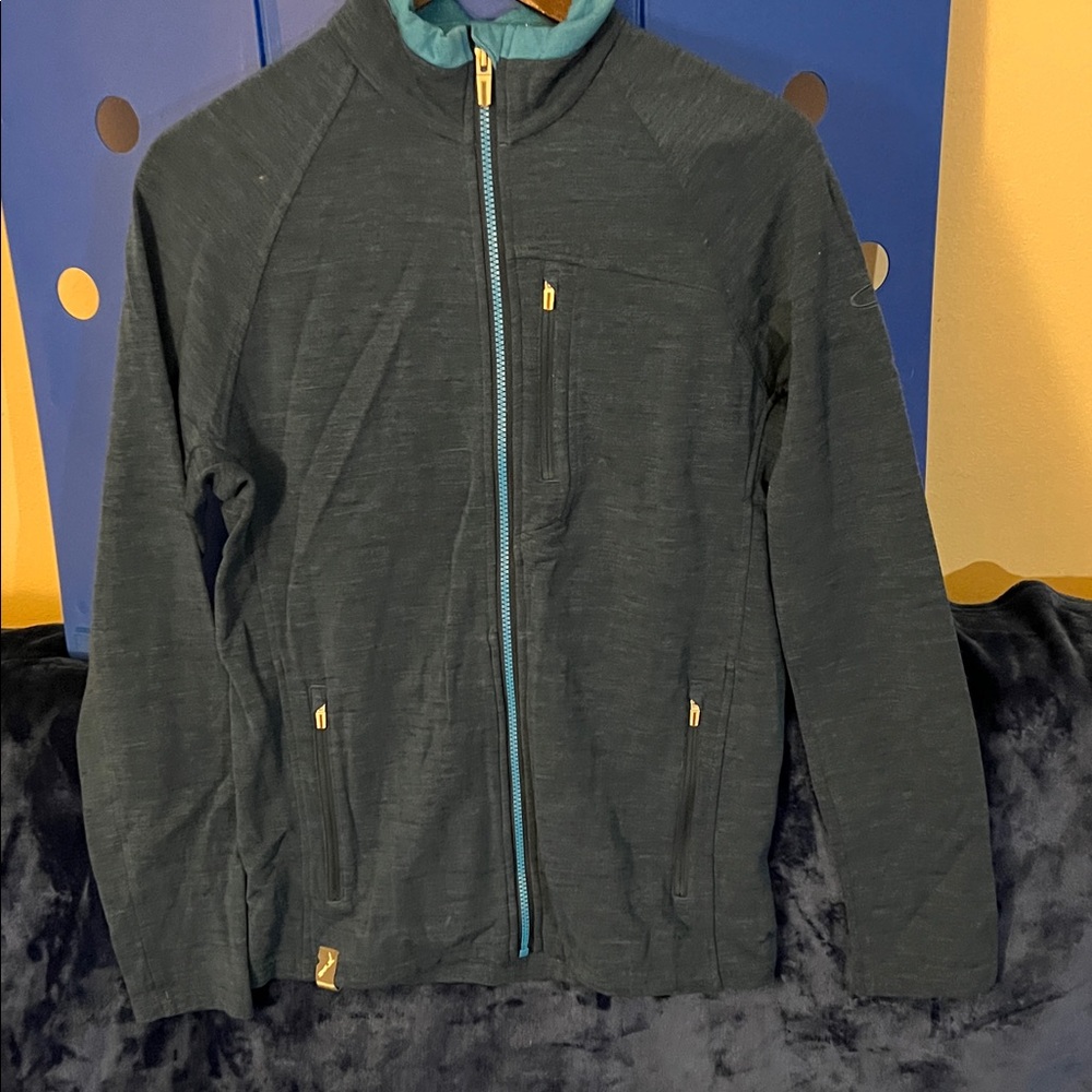 Icebreaker Dark Gray Jacket with Teal Zipper merino wool